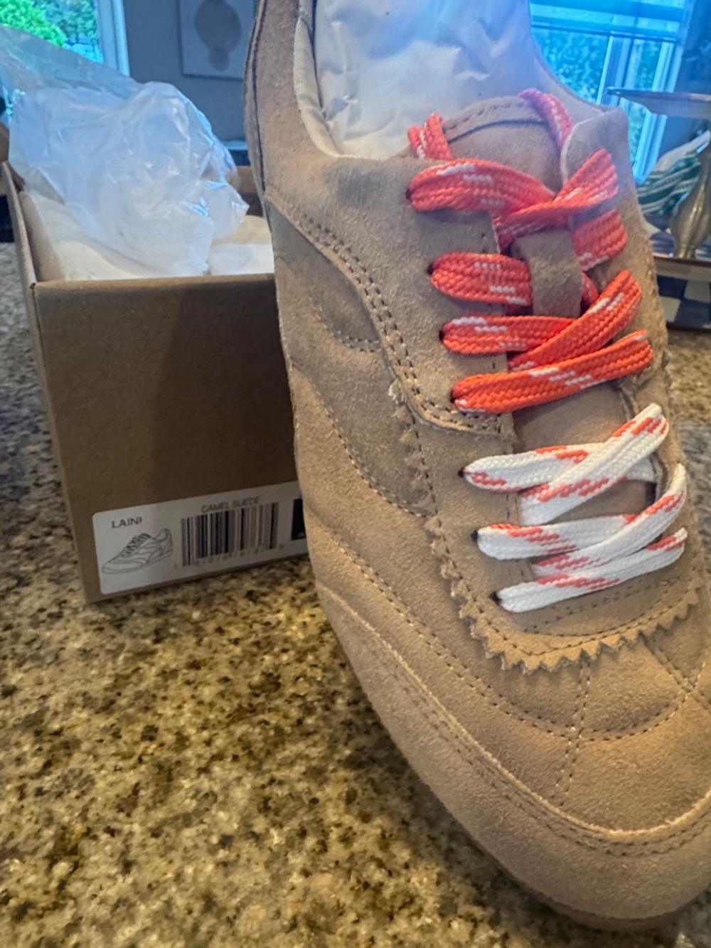Dolce Vita Camel Suede Sneaker with Orange and White Laces